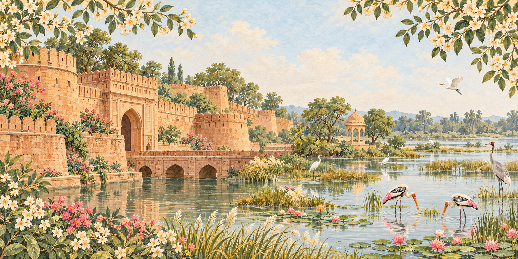 An artistic panorama inspired by Lohagarh Fort and the bird-filled wetlands of Keoladeo, Bharatpur