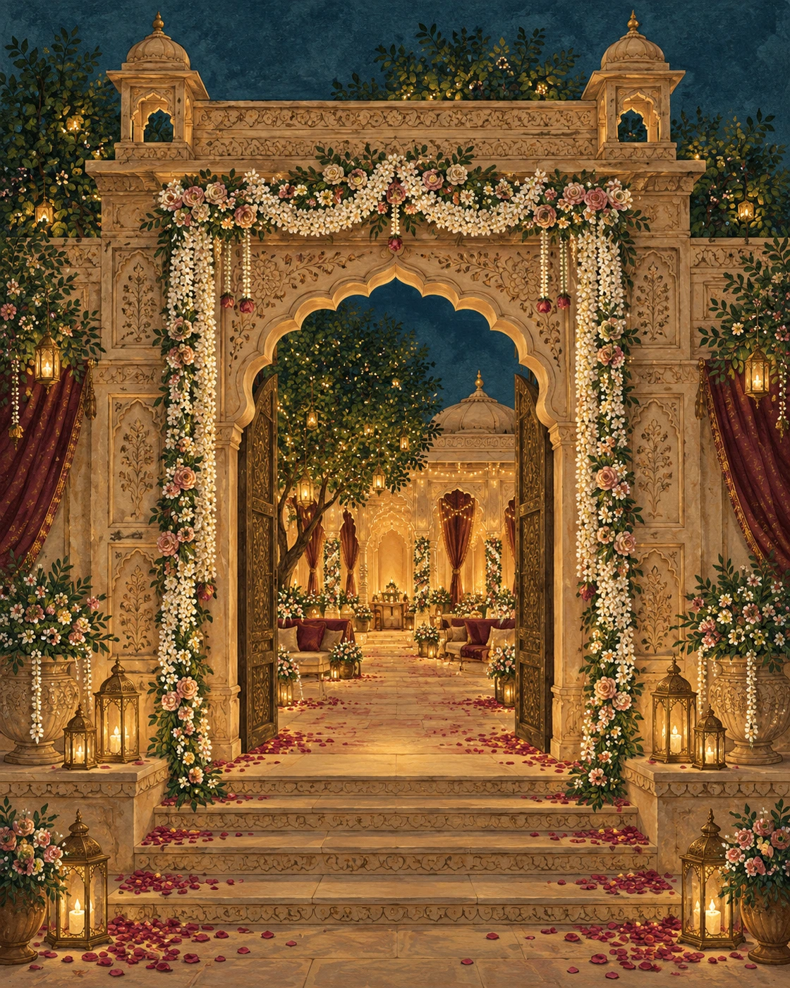 An illustrated Rajasthan wedding entrance decorated with jasmine, roses and warm lanterns at dusk