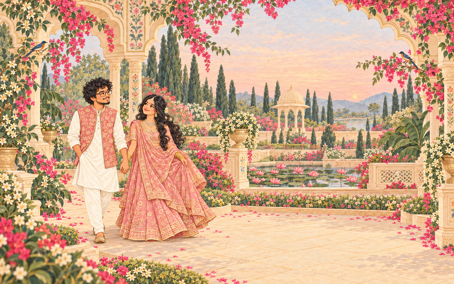 A painted miniature scene of Sunain and Monika walking hand in hand in a palace garden